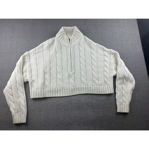 STAUD Hampton Sweater Women M White Cropped Cable Knit Cotton Blend Preppy Ski